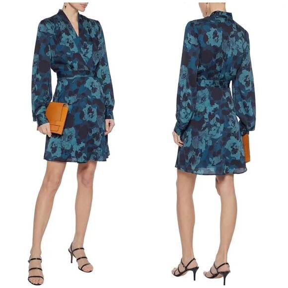 Equipment Floral Wrap Effect Dress V Neck Long Bishop Sleeves Size 10 Green Blue - Picture 2 of 16